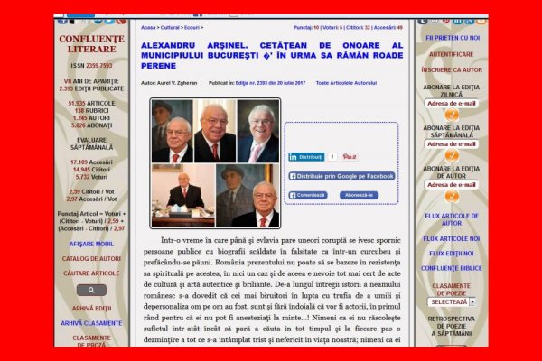 Alexandru_Arsinel cetatean de onoare al Municipiului Bucuresti. In urma sa raman roade perene (Confluente) 2017
